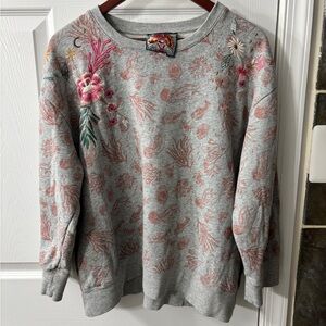 Johnny Was Gray Sweatshirt with Pink Floral Embroidery